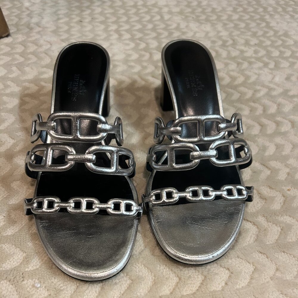 Auth Hermes Tandem Metallic Block Sandals 37